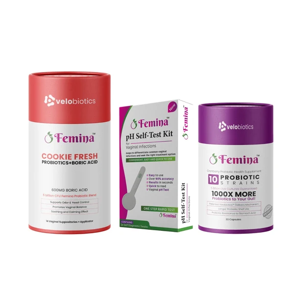 Femina Intimate Reset Kit (Starter Pack) – pH Self - Test + Boric Acid + Probiotic Capsules - Velobiotics