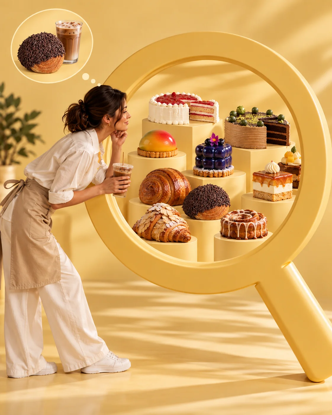 A baker looking through a magnifying glass at La Baker pastries and cakes